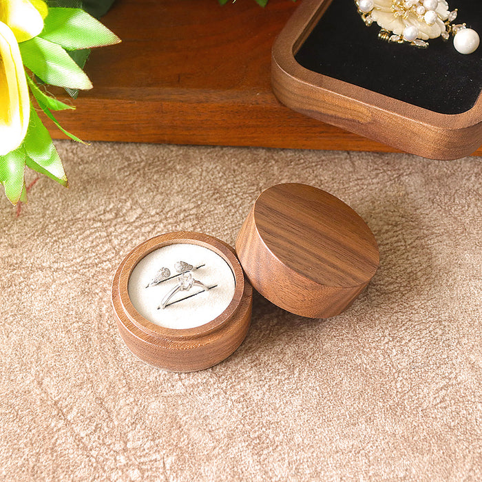 Walnut Wooden Small Jewelry Ring Box with Two Slots Black Velvet