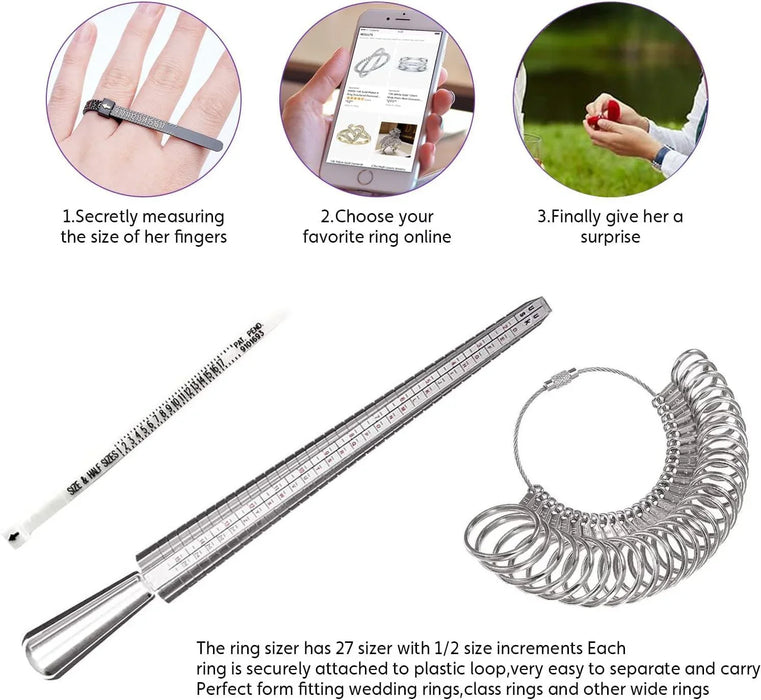 Measuring Snap Rings USUK EU FR Ring Sizer Measuring Tool, Metal Ring Sizing Kit with Finger ...
